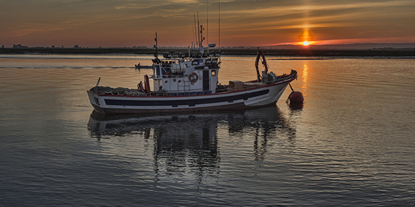Management of marine resources Boat moored at sunset