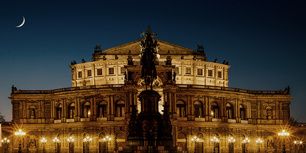 Dresden Opera House and monument to King Johann of Saxony on horseback