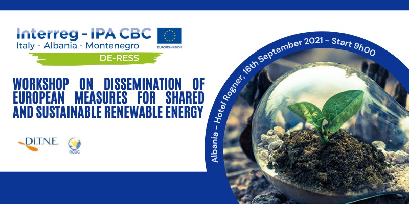 logos, text: workshop on dissemination of european measures for shared and sustainable renewable energy,  plant growing in a bubble