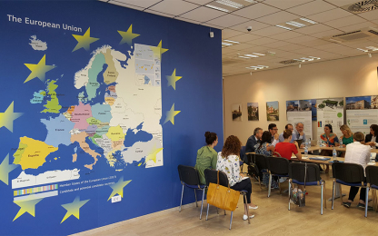 Pogorica seminar for lead partner Meeting next to the map of the European Union